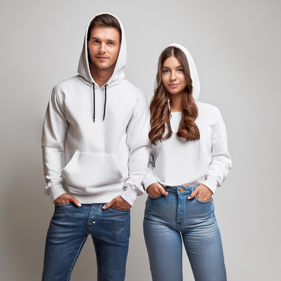 Beyaz Kapşonlu Önü Düz Sweatshirt Baskı